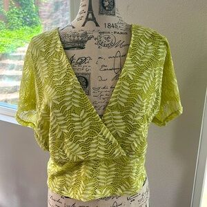 Never worn and tags removed to throw husband.  Lacy fabric, lined in front only.